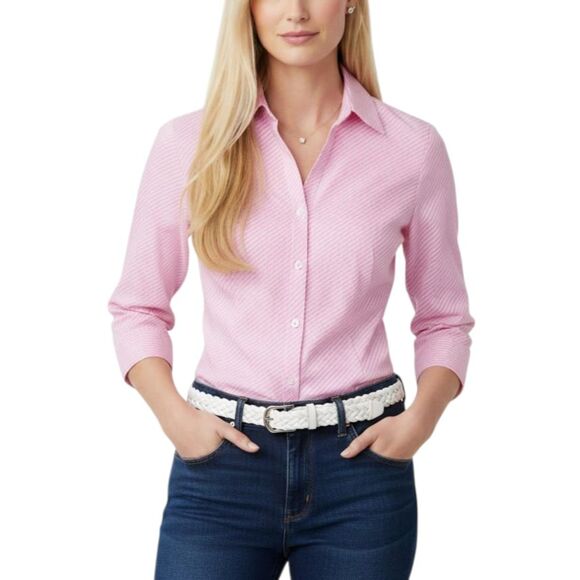 Nautica Pink & White Diagonal Stripe Button-Up Shirt Classic Preppy Top Sz 8 / M - Picture 1 of 13